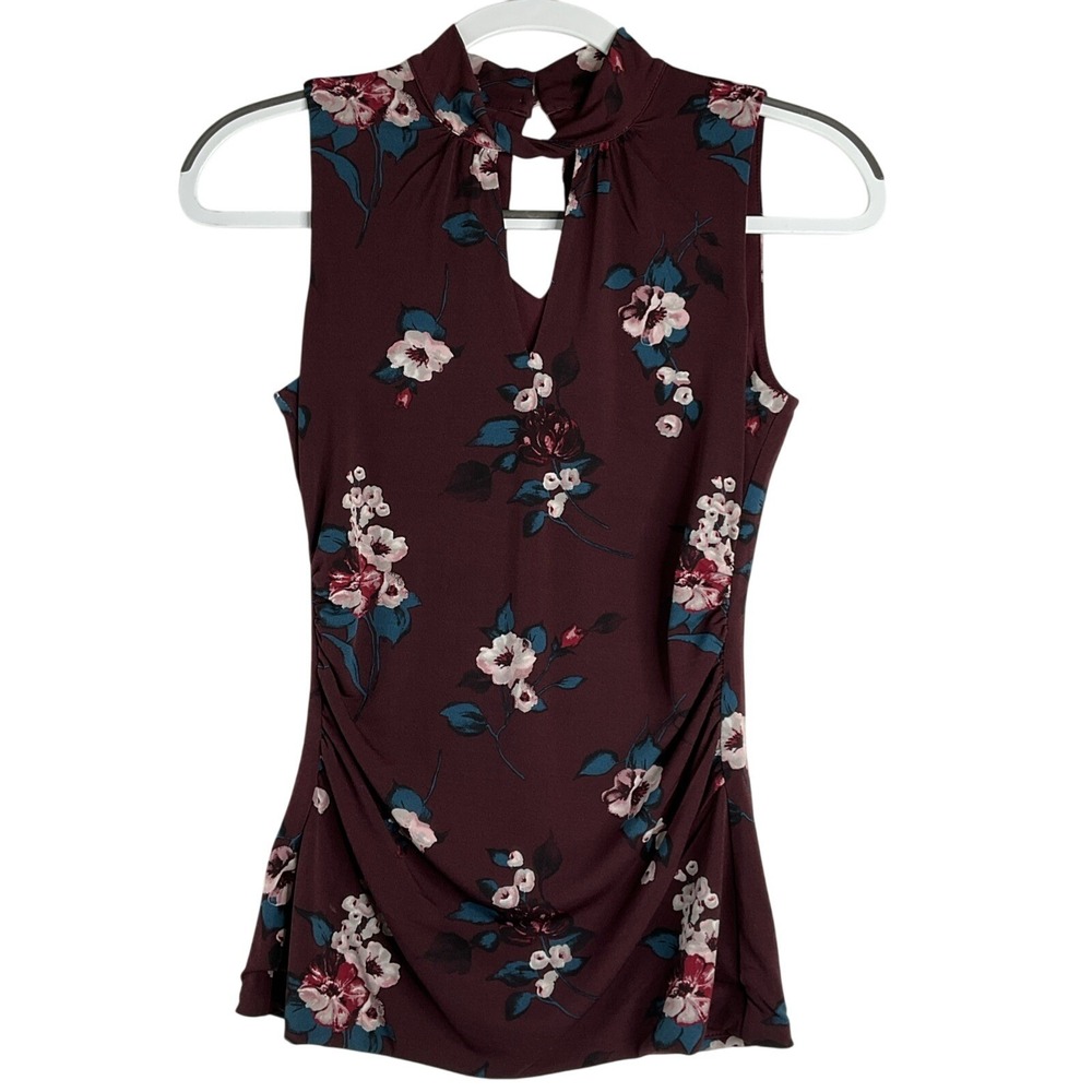 Dark Romance Cottagecore Grunge Burgundy Floral Stretch Ruched Sleeveless Top